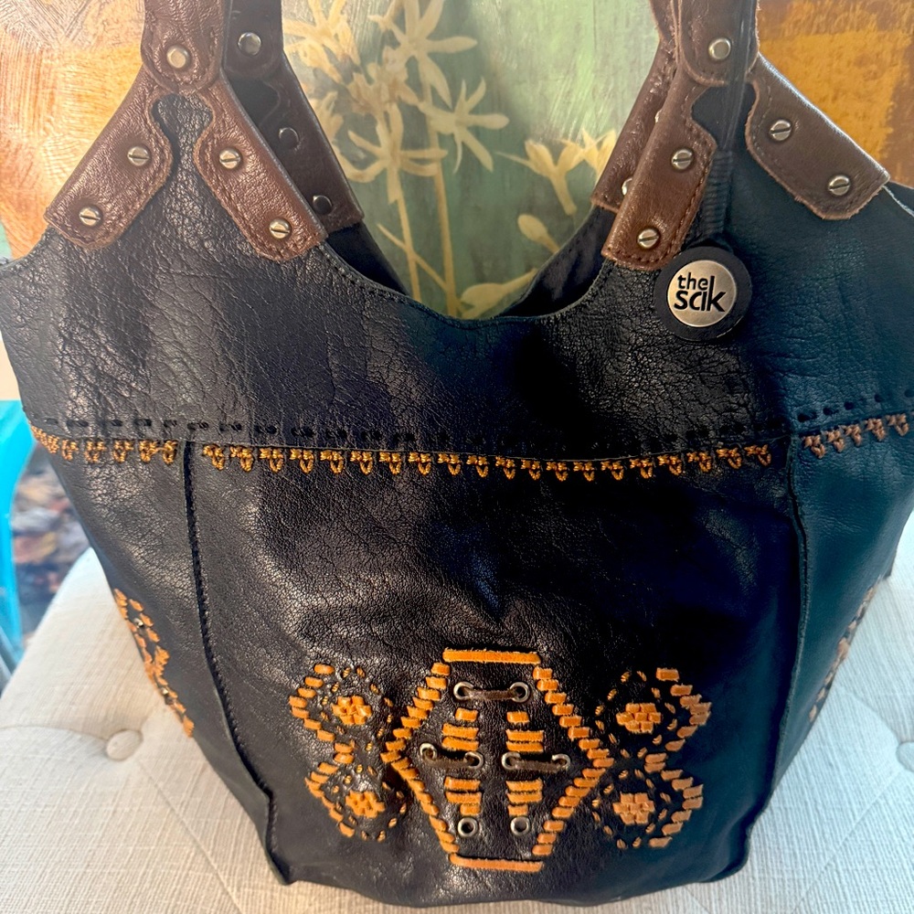 The Sak Black and Tan Embroidered Shoulder Bag